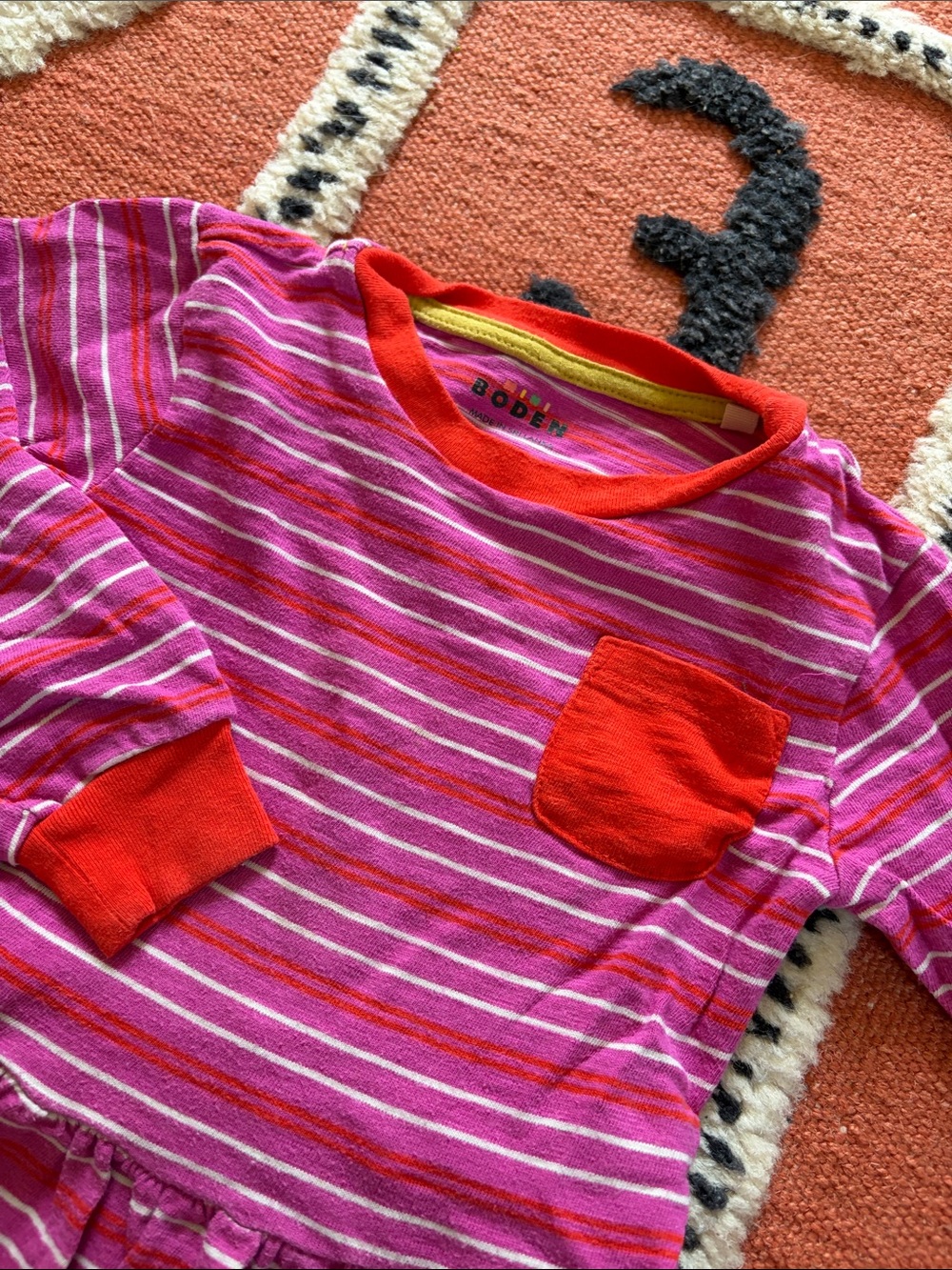 Mini Boden Pink & Red Striped Long-Sleeve Pocket Tee